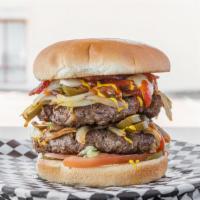 The Double Mega Extreme Cheeseburger · Sauteed onions, mushrooms, jalapenos, bell peppers, American and provolone cheese, mayo, ket...