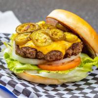 Jalapeno Cheeseburger · Grilled jalapenos, American cheese, mayo, lettuce, tomato, onions, pickles.