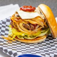 Chipotle Cheeseburger · Grilled onions, mushrooms, chipotle sauce, American and provolone cheese, lettuce, tomato, p...
