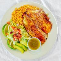 Grilled Tilapia · Seasoned tilapia served with aguacate, pico de gallo and rice.