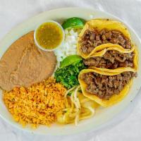 3 · Served with rice and choice of charro or refried beans.