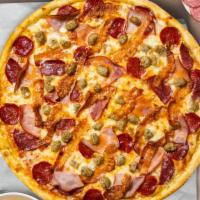 Meat Lover'S Pizza · Mozzarella, sausage, pepperoni, hamburger, and Canadian bacon baked on a hand-tossed dough.
