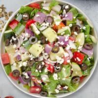 Greek Salad · (Vegetarian) Romaine lettuce, cucumbers, tomatoes, red onions, olives, and feta cheese tosse...