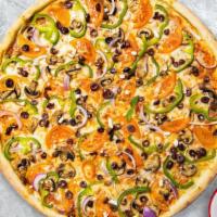 Very Veggie Pizza · Mushrooms, onions, bell peppers, black and green olives, tomatoes and fresh garlic baked on ...