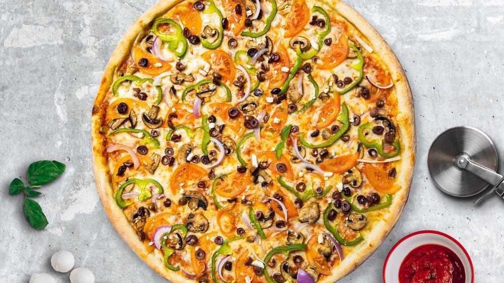 Very Veggie Pizza · Mushrooms, onions, bell peppers, black and green olives, tomatoes and fresh garlic baked on a hand-tossed dough.