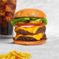 Double Whammy Cheese Burger · (Halal) Two American beef patties topped with melted cheese, lettuce, tomato, onion, and pic...