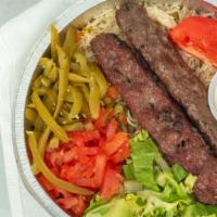 Beef Kabob Plate · Basmati Saffron Rice | Beef Kabob | Salad Mix | Onions | Tahini Sauce