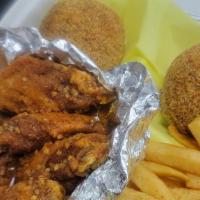 6Pc Special · 6 wings one flavor
2 regular boudain balls
and fries
