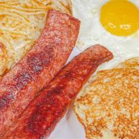 Smoked Link Sausage & Eggs · Large grilled link sausages, two large country eggs (your way), golden hash browns or grits,...