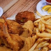 Seafood Combo · Five Jumbo fried shrimp, stuffed crab, and two fish fillets. Served with french fries or mas...