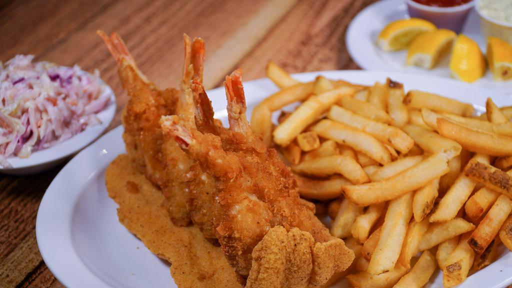 Fish (1) & Shrimp (6) Combo · One fish and six shrimp. Served with french fries or mashed potatoes, salad, tartar or red sauce, roll and cornbread.