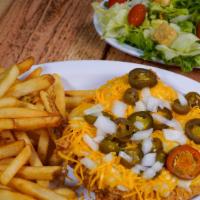 Monterey Chicken · Country fried chicken breast topped with country cream gravy, cheddar cheese, jalapeños, oni...