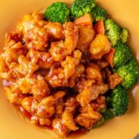 Orange Chicken · Spicy. Deep fried white meat chicken with broccoli and carrot.