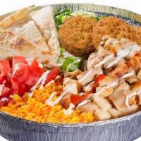 Chicken & Falafel Platter · Platters served with combo of chicken and falafel. Small platters are served with one white ...
