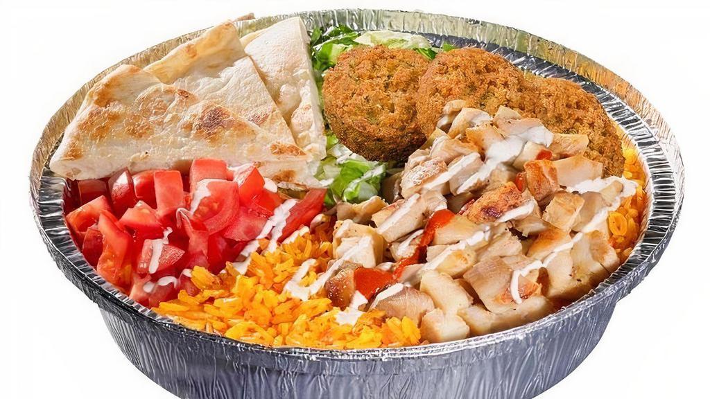 Chicken & Falafel Platter · Platters served with combo of chicken and falafel. Small platters are served with one white sauce and one red sauce. Regular platters are served with two white sauces and one red sauce.