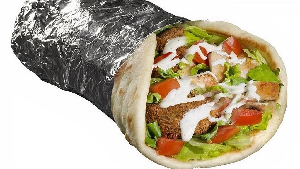 Chicken & Falafel Sandwich · Sandwich served with combo of chicken & falafel.  Served with one white sauce and one red sauce.