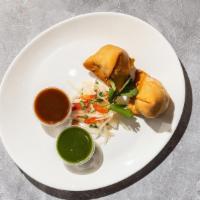 Samosa · By O'Desi Aroma. 2 pieces. Pastry triangles with savoury potatoes and peas. Includes side of...