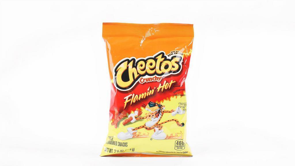Cheetos Cheese Crunchy Hot 2.75 Oz · Hot, spicy flavor packed into crunchy, cheesy snacks. CHEETOS® Crunchy FLAMIN’ HOT® Cheese Flavored Snacks are full of flavor and made with real cheese.