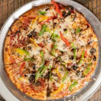 The King Pizza · Pepperoni, sausage, Canadian bacon, mushrooms, black olives, red onions and bell peppers.