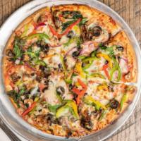 Palio'S Vegetable Pizza · Black olives, red onions, mushrooms, bell peppers, roma tomatoes, spinach and mozzarella.