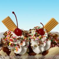 Banana Split · 3 scoops of ice cream, 2 toppings, syrup, whip cream, cherries, and wafers.