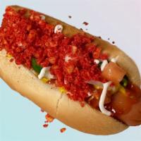 Flaming-Dog · Regular hot dog topped with hot Cheetos or Takis pieces. 
Includes: Mayo, Mustard, Ketchup, ...