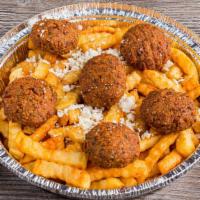 Falafal Fries Platter · Falafel Over Crinkle Cut Fries with 2 White Sauce & One Hot Sauce.