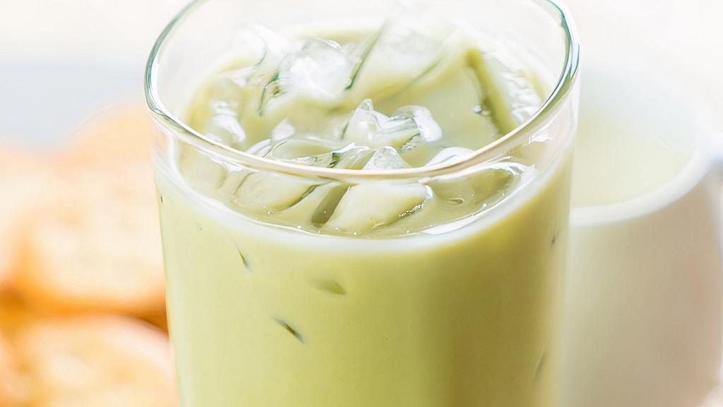 Iced Lavender Honey Matcha Latte · Lavender and Honey flavored, herbal green tea mixed with ice cold, creamy milk.