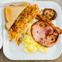 Good Day Sampler Breakfast · 2 eggs, 2 bacon strips, 1 sausage patty, slice of ham.