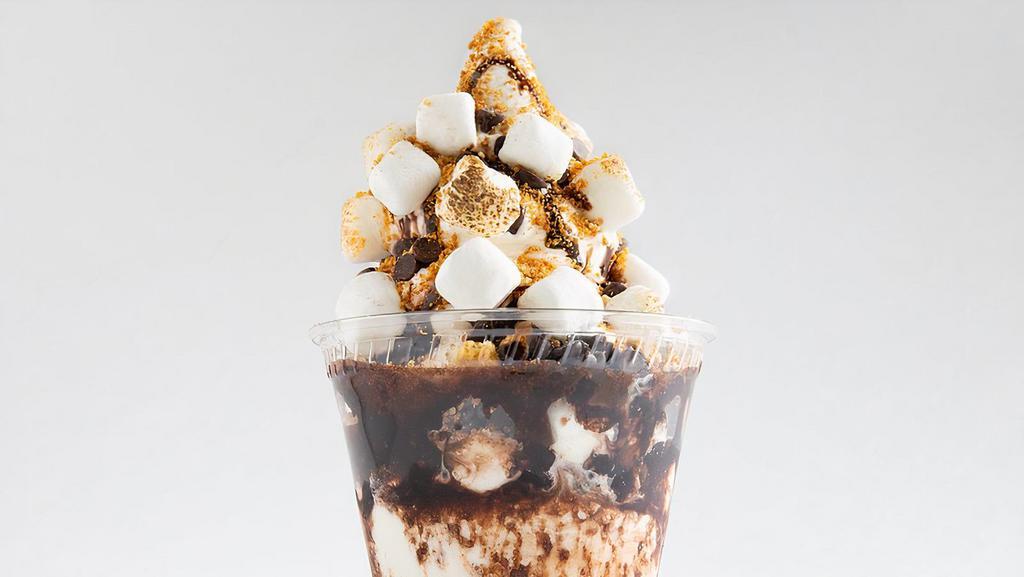 Gimme S’More · Toasted marshmallows, mini chocolate chips, molasses graham cracker crumb, and brown sugar hot fudge