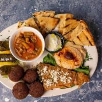 Vegetarian Platter · hummus | dolmathakia | tzatziki | spanakopita | falafel | green beans | pita