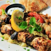 Chicken Souvlaki Platter · two skewers of marinated chicken breast | olive oil | lemon juice | garlic | oregano | pita ...