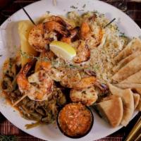 Shrimp Souvlaki Platter · two skewers of shrimp | basted with lemon-butter garlic puree | served with signature OPA! f...