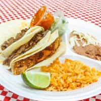 Tacos (3) · Tres tacos con cualquier guisado al gusto acompañadas con arroz, frijoles, 1 salsa  y un ref...