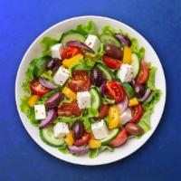 Graceful Greek Salad · Romaine lettuce, olives, grape tomatoes, onions, cucumbers, feta cheese and red pepper.