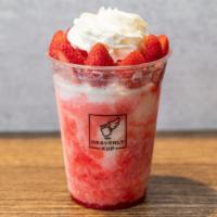 Strawberry Shaved Ice · Finely shaved milk ice topped with Strawberries, Strawberry Pops. Strawberry Sauce on the si...