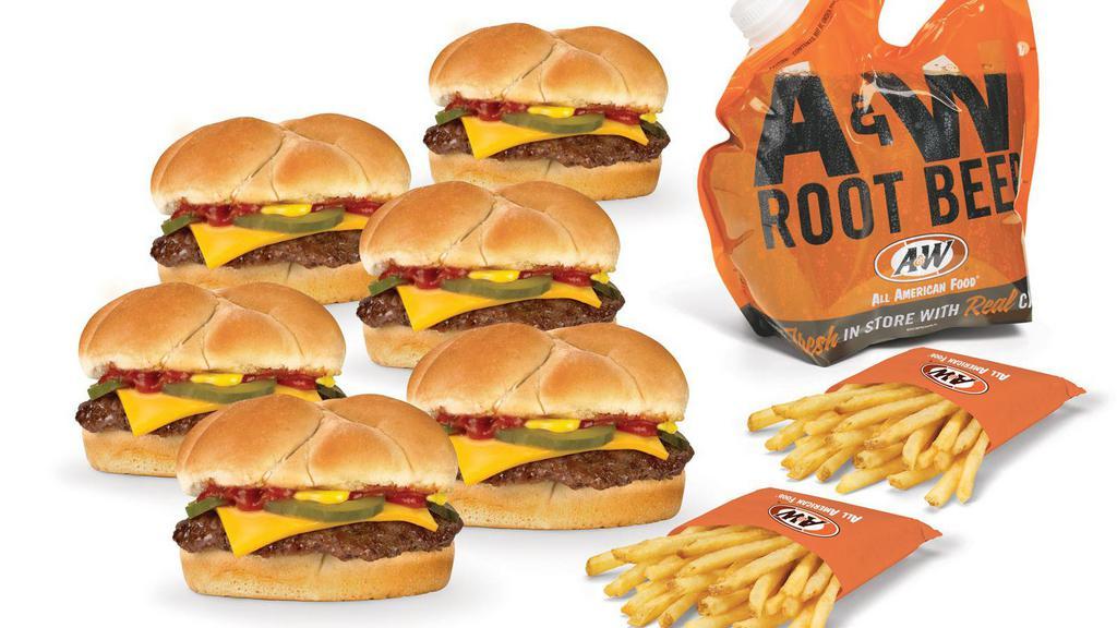 Cheeseburger Family Pack · Includes 6 Cheeseburgers topped with ketchup, mustard, and pickles, 4 Regular Fries, and a gallon of A&W Root Beer.