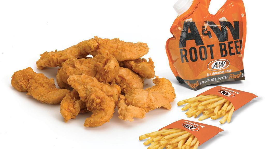 Chicken Tenders Family Pack · Includes 12 Hand-Breaded Chicken Tenders, 4 Regular Fries, and a gallon of A&W Root Beer.
