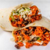 Burritos · choice of meat mixed with rice topped with lettuce, tomato, avocado, and Sour cream and chee...