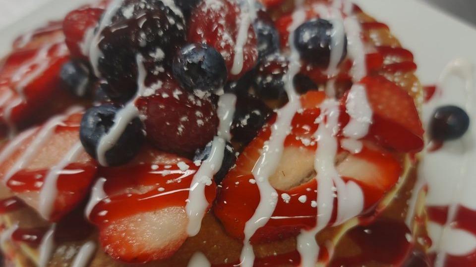 Berry Pancake · All the berries, topped with vanilla and raspberry glaze.