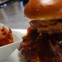 Bbq Bacon Burger · All natural Texas akaushi beef, sweet Baby Ray's BBQ, Cheddar cheese, crispy onion strings, ...