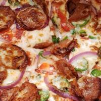 Spicy Andouille · Andouille sausage, fresh jalapeños, red onion, red peppers, green onions.