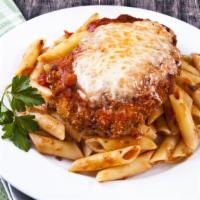 Chicken Parmigiana · Hand Breaded and baked w/Sauce & Mozzarella, served w/Spaghetti.