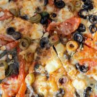 Greek Pizza - Medium (12 Inch) · Black Olives, Green Olives, Spinach, Feta Cheese, Tomatoes.