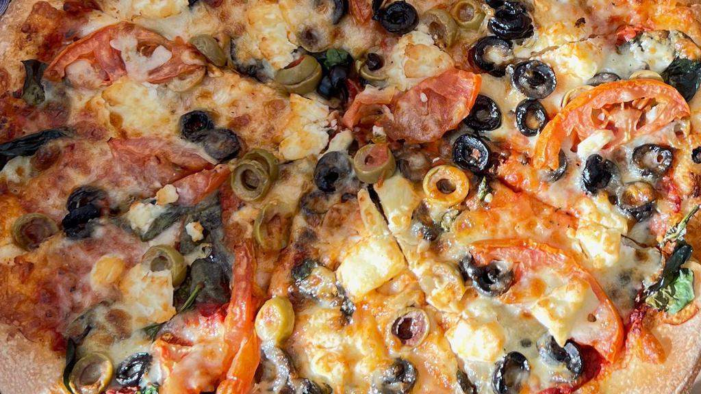 Greek Pizza - Medium (12 Inch) · Black Olives, Green Olives, Spinach, Feta Cheese, Tomatoes.