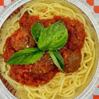 Meatball Spaghetti Red Sauce · Spaghetti red sauce pasta with giant meatballs. Includes a side of garlic bread.