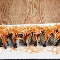 Fire Cracker Roll · Shrimp tempura, cucumber, avocado roll topped with spicy tuna and crunchy flakes served with...