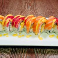 Cherry Blossom Roll · Crabmeat, cucumber, and mango topped with tuna & salmon served with mango sauce.

Consuming ...