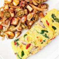 Very Veggie Omelette · Fresh spinach, bell peppers, onions, mushrooms, roasted red peppers, tomatoes, garlic season...