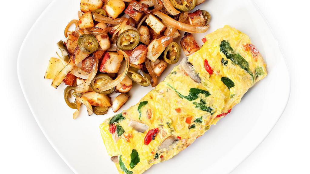 Very Veggie Omelette · Fresh spinach, bell peppers, onions, mushrooms, roasted red peppers, tomatoes, garlic seasoning, jack cheese. 310 calories.